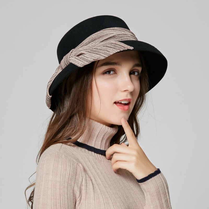 天穹秋冬款帽子布条英伦礼帽羊毛呢女士帽秋季冬季羊毛大沿盆帽女