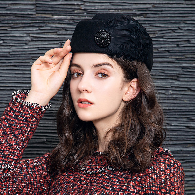 天穹秋冬款帽子黑色羽毛英伦礼帽羊毛呢女士帽女秋冬季羊毛空姐帽