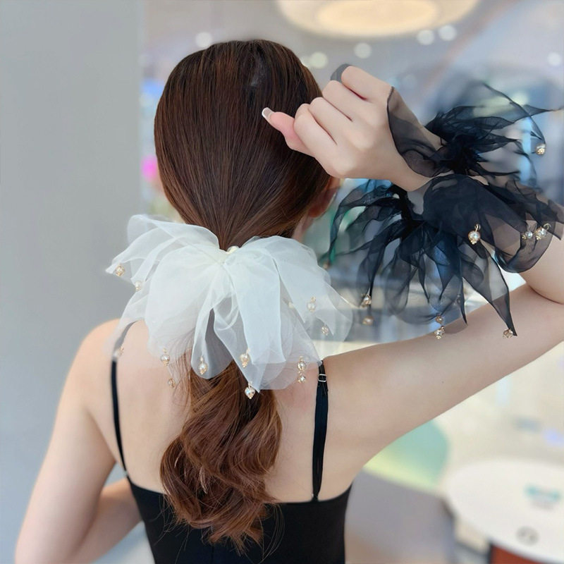 网纱蕾丝花瓣发圈结飘带小流苏珍珠发绳女皮筋扎头发in头绳