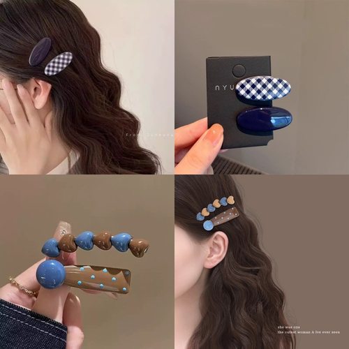 侧边夹藏蓝格纹刘海夹发饰气质