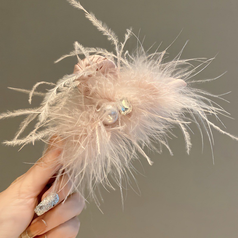 新款粉色羽毛大抓夹秋冬新款超仙时鸵鸟毛毛夹子后脑勺盘发夹