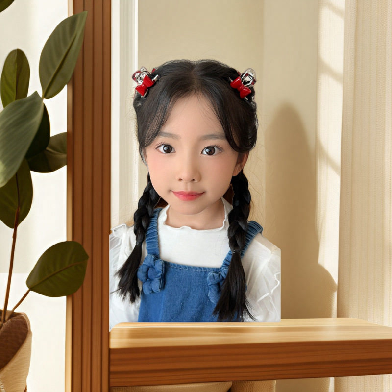 韩版儿童发夹红圆珠银色交叉抓夹