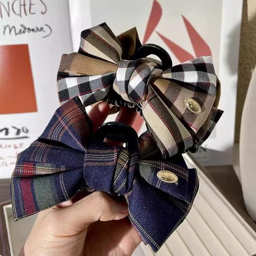 格纹结抓夹公主头发夹女后脑勺