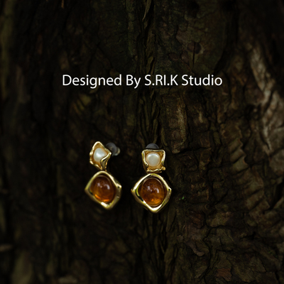 十里间菱形琥珀色淡水很珠耳环