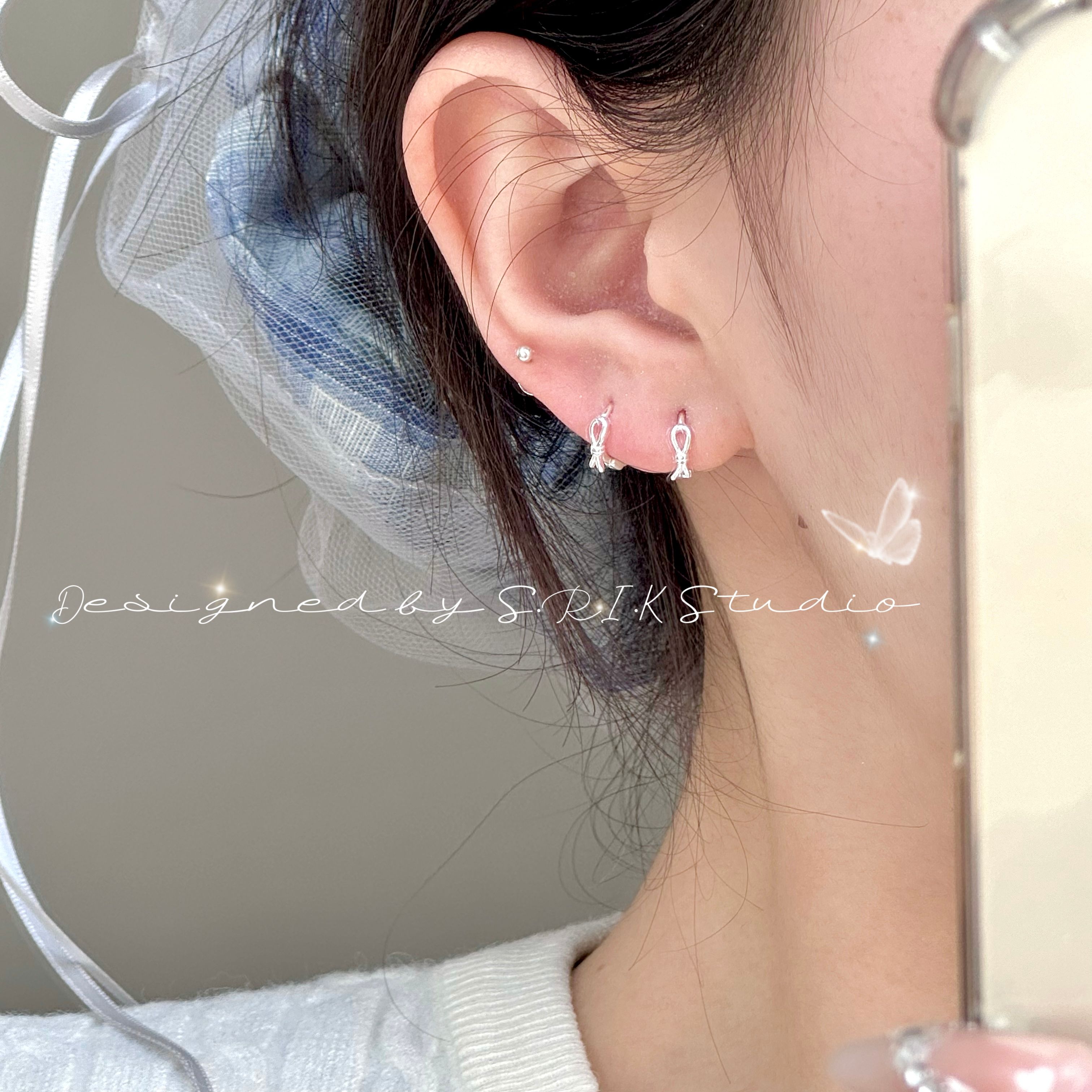 十里间【纯银|精巧耳扣】甜美小清新s925银蝴蝶结耳环百搭耳饰