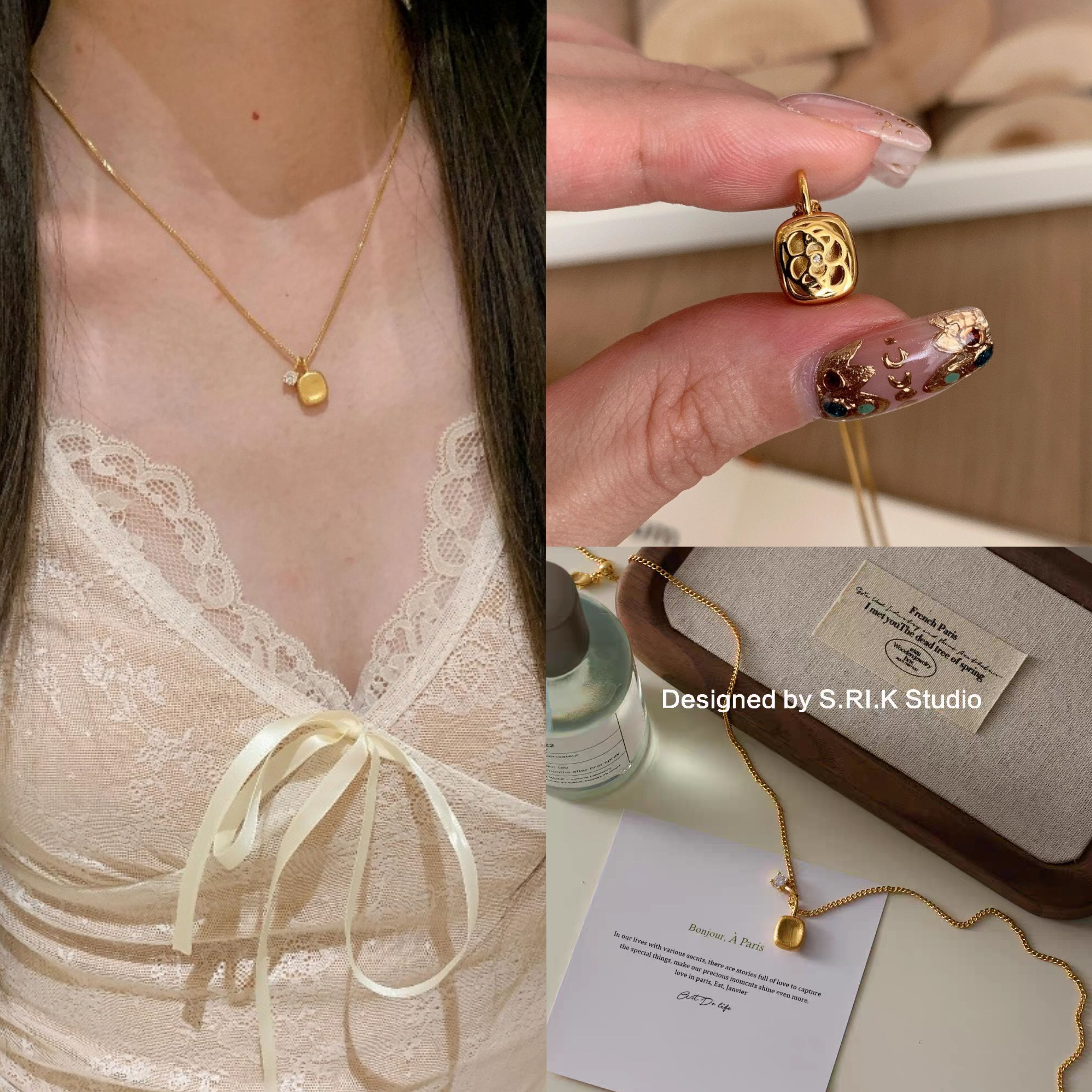 十里间【拉丝方糖】简约气质亮晶晶镂空方形项链百搭锁骨链