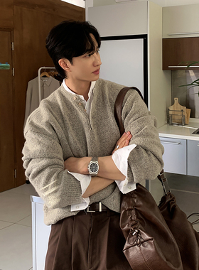 ASCLO&QIAO秋季高级感针织衫毛衣男简约亨利领慵懒软糯百搭可机洗