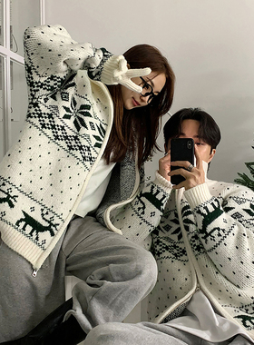 ASCLO&QIAO雪花麋鹿针织开衫立领拉链秋冬季费尔岛男毛衣小众上衣