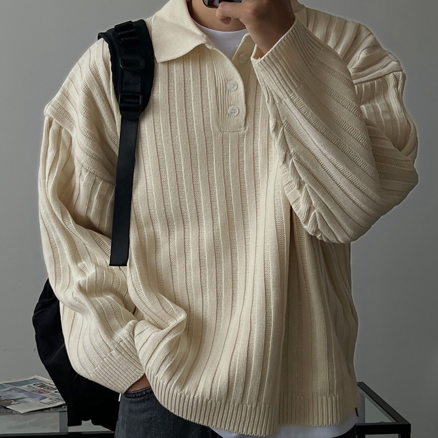 ASCLO&QIAO韩版新款男士套头通勤风针织衫翻领宽松长袖青春活力