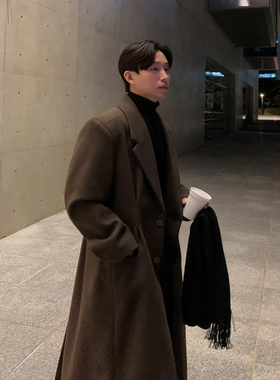 ASCLO&QIAO韩版男装毛呢大衣中长款宽松西装领单排扣高级感外套