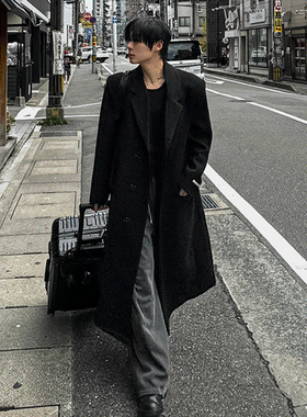 ASCLO&QIAO秋冬毛呢大衣加厚男西装外套黑色过膝高级感保暖中长款