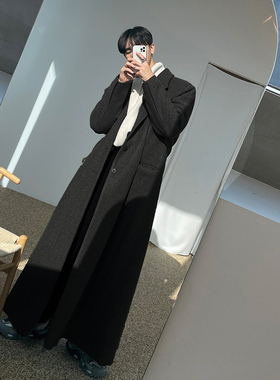 ASCLO&QIAO秋冬款男士毛呢大衣纯色韩版超长过膝休闲保暖黑色外套