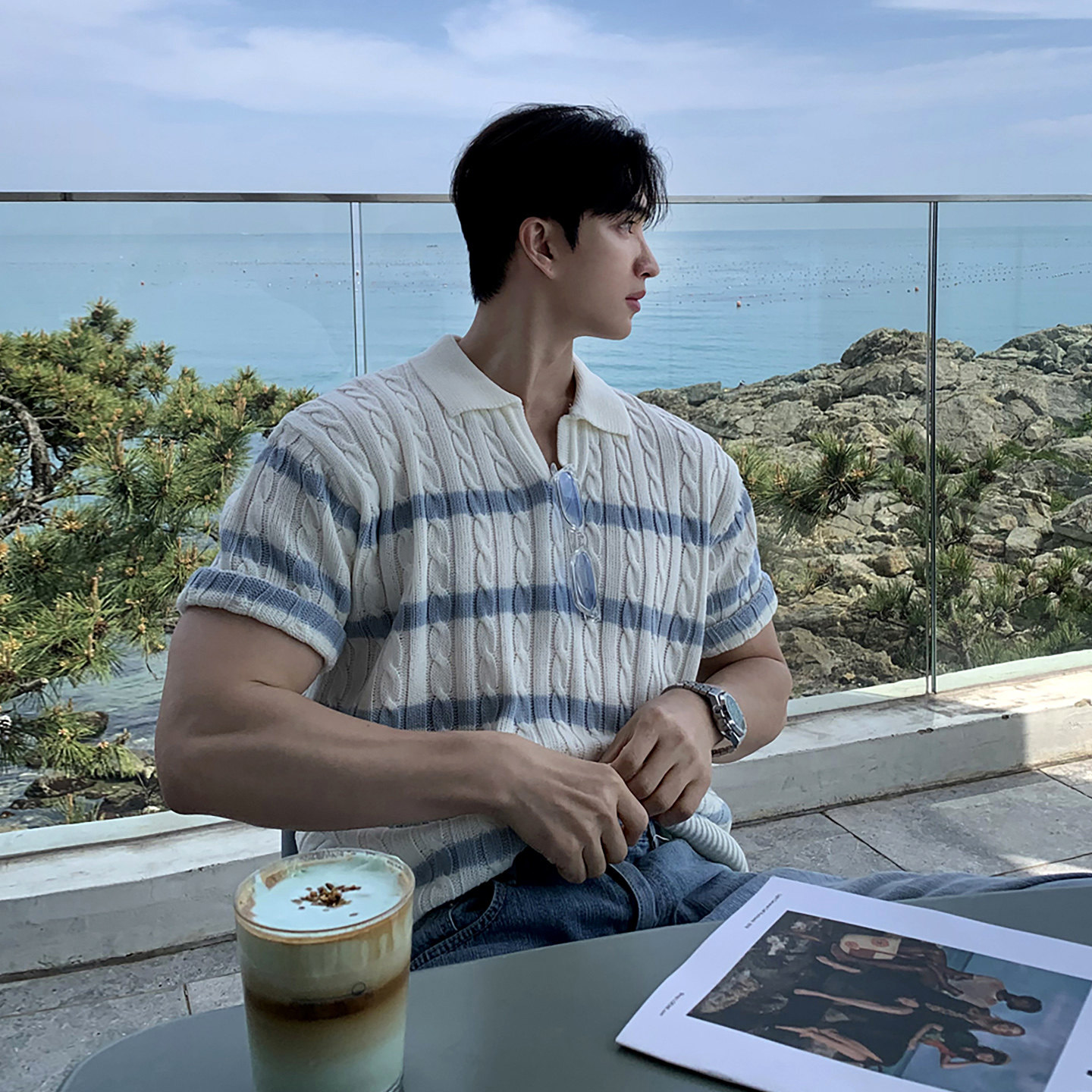 ASCLO&QIAO夏季短袖条纹撞色polo衫男亨利领麻花纹针织衫薄款冰丝