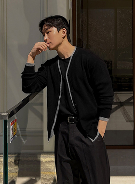 ASCLO&QIAO秋季针织衫开衫男拼色轻熟时尚帅气高级感毛衣外套百搭