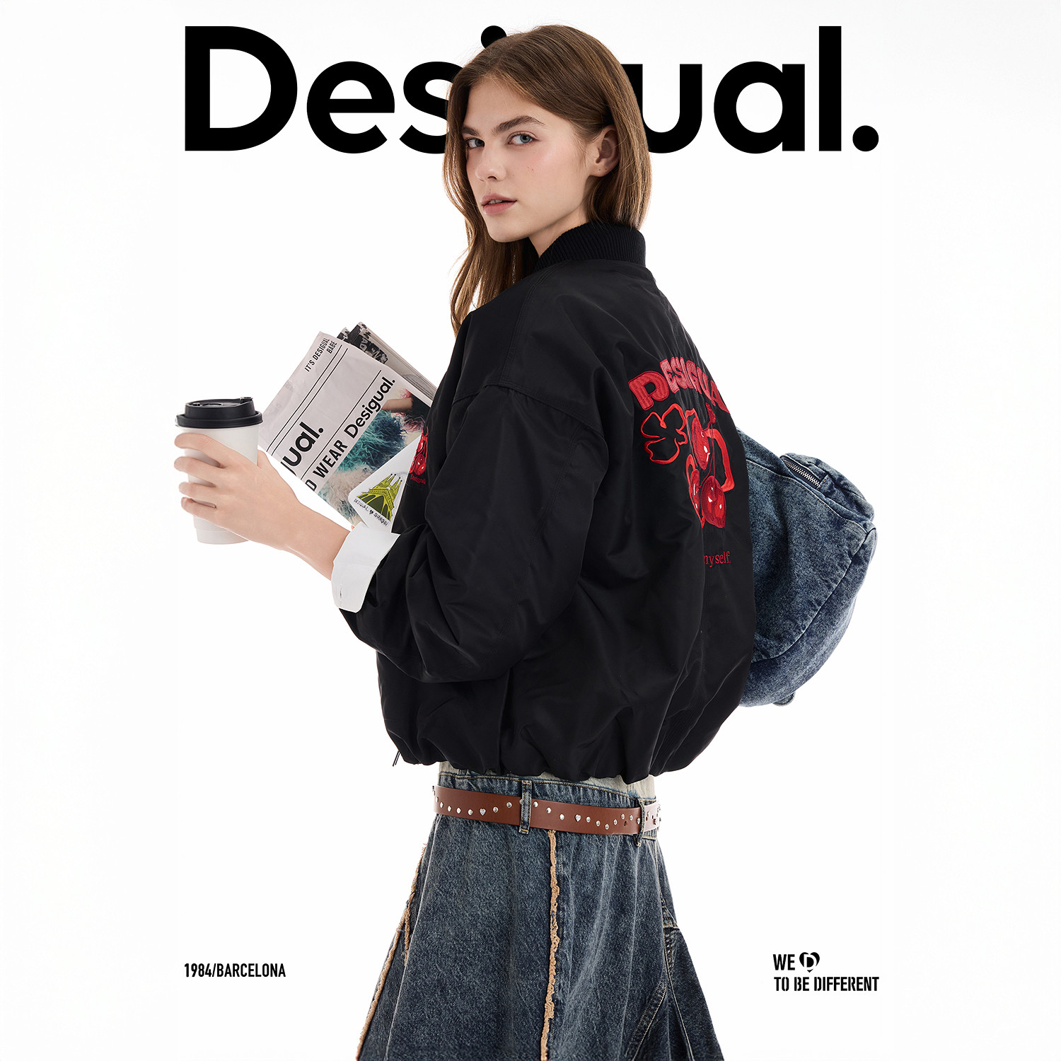 【呼呼专享】Desigual樱桃刺绣印花多袋黑色飞行员夹克女式外套