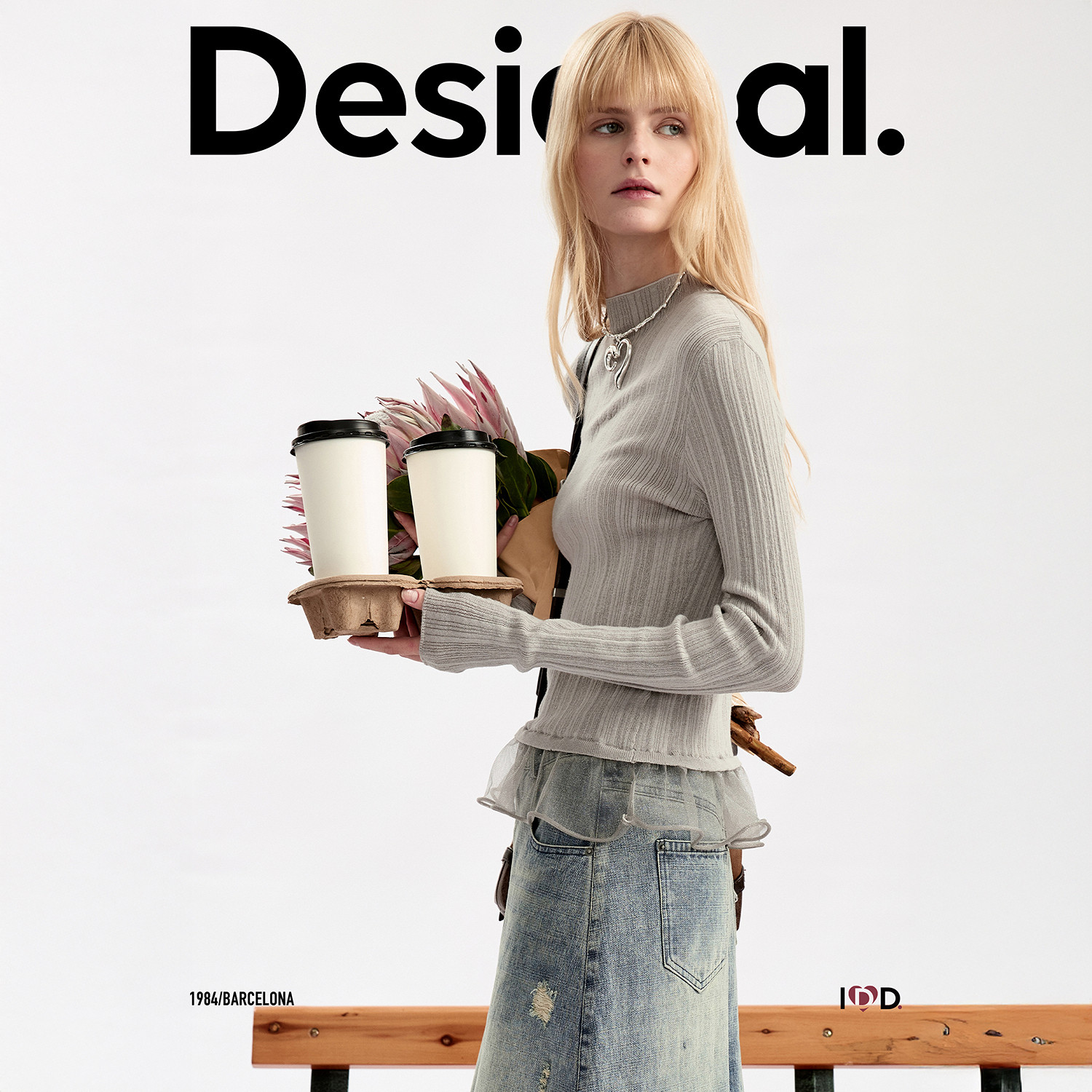 Desigual26秋冬弹力修身坑条下摆拼接荷叶边半高领长袖女式针织衫