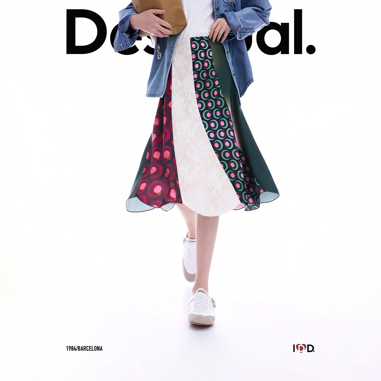 Desigual26秋冬新品多印花拼接撞色弧形下摆半身裙