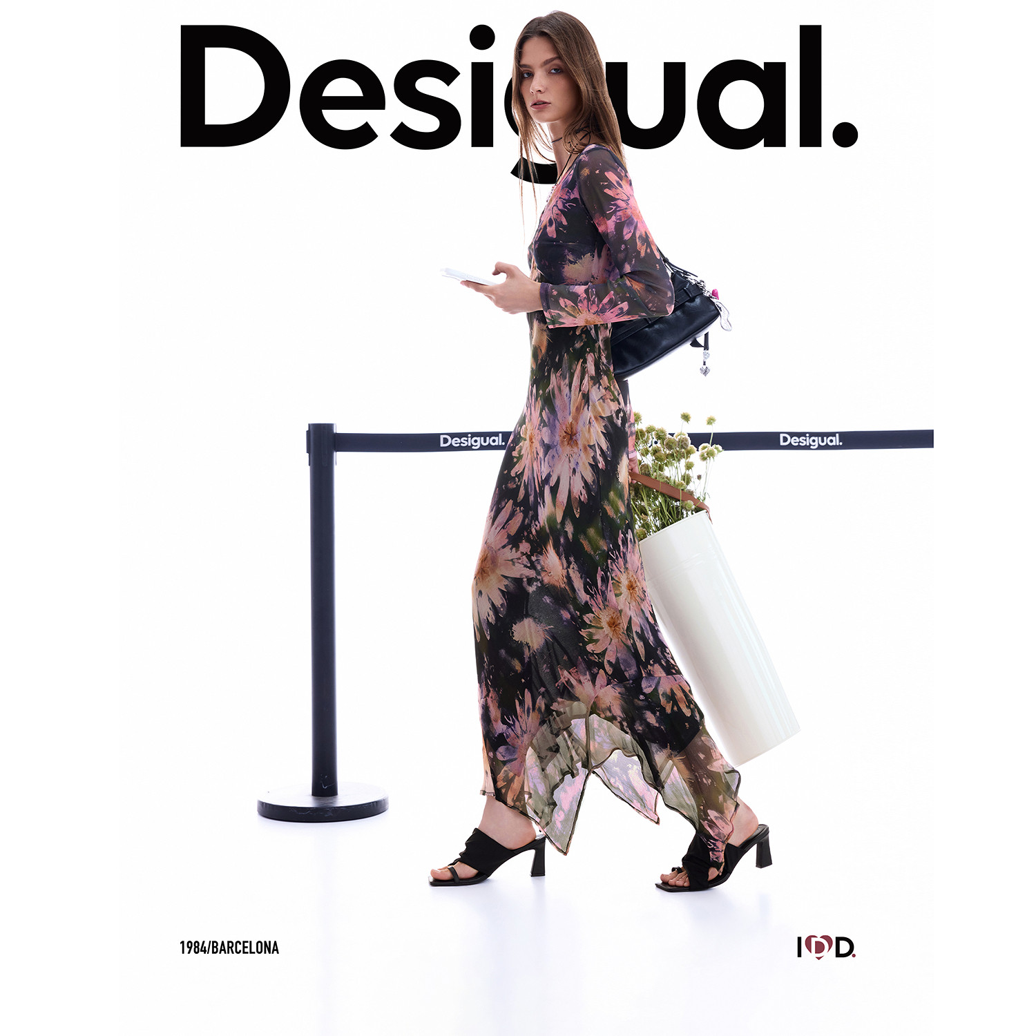Desigual26秋冬新品印花拼接雪纺晕染雏菊V领不规则下摆连衣裙