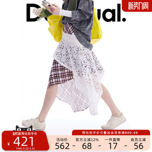Desigual26春夏新品 半身裙 格纹印花拼接钩织不对称女式