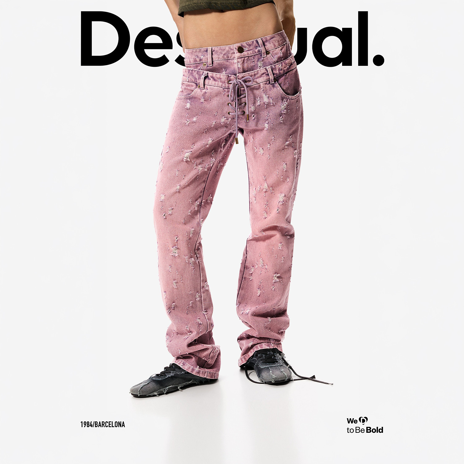 Desigual26春夏新品Masha Popova联名双腰头绑带破洞女式牛仔裤