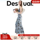 Desigual26春夏新品植绒花卉蓝色扎染无袖收褶设计连衣裙