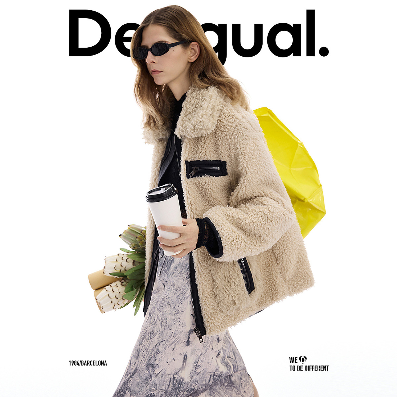 Desigual26春夏新品羊羔毛拼接黑色PU翻领女式夹棉外套棉服