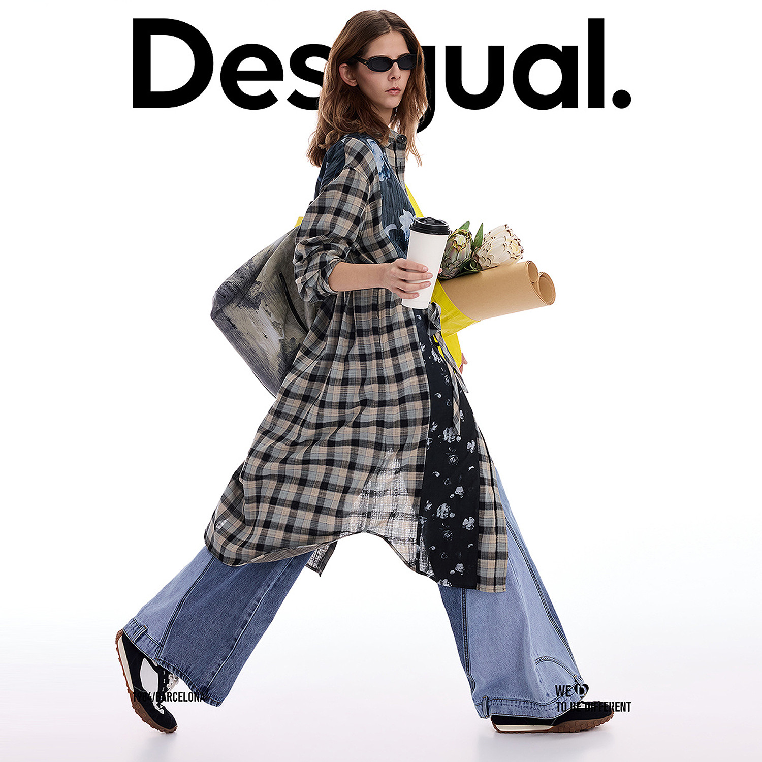 【呼呼专享】Desigual宽松格纹拼接玫瑰印花衬衫式连衣裙