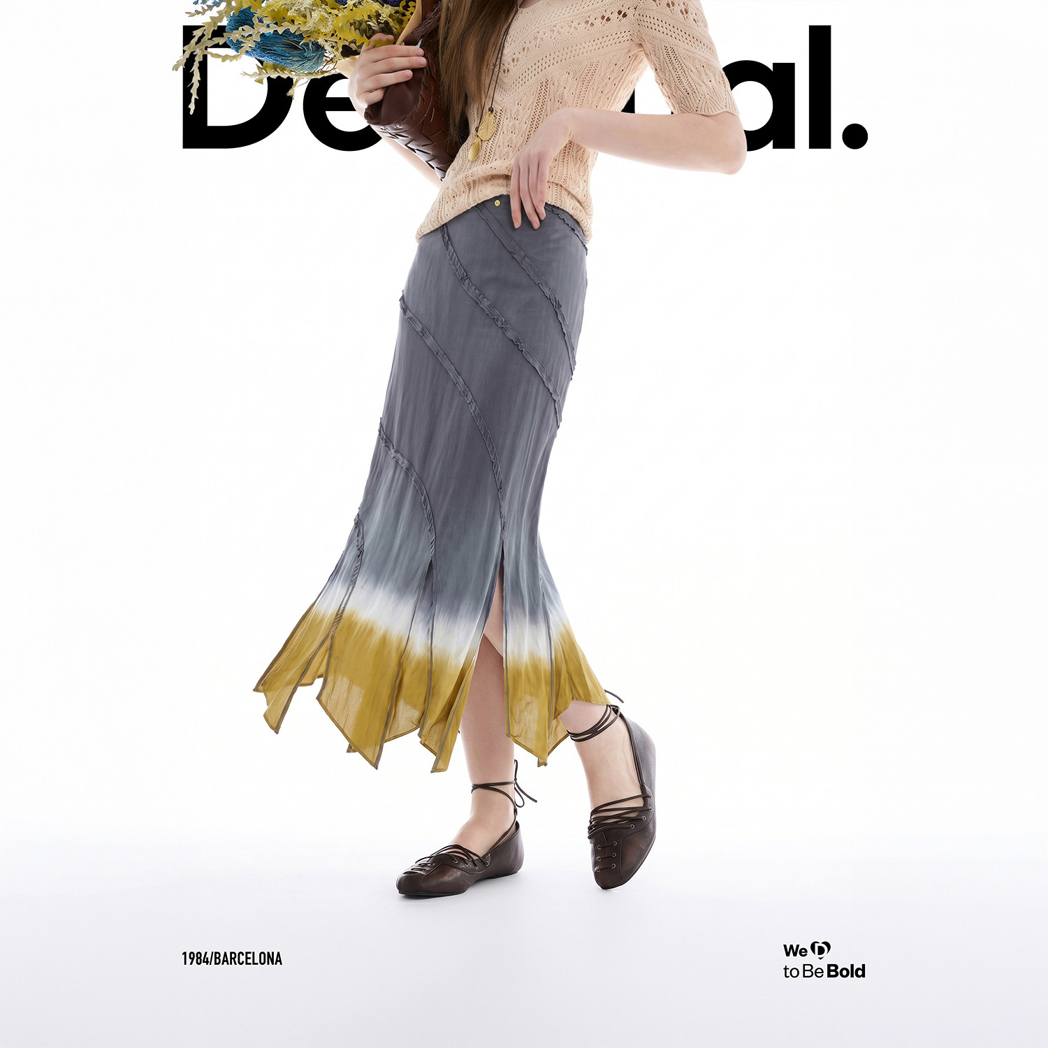 Desigual26春夏新品修身密拷拼接不规则飘片渐变下摆女式半身裙