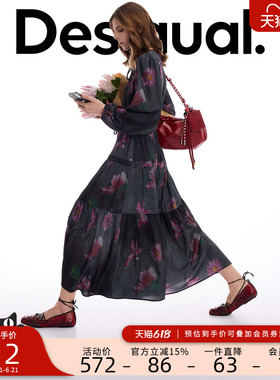 Desigual26春夏新品花卉黑色波浪印花腰部抽绳领口系带连衣裙