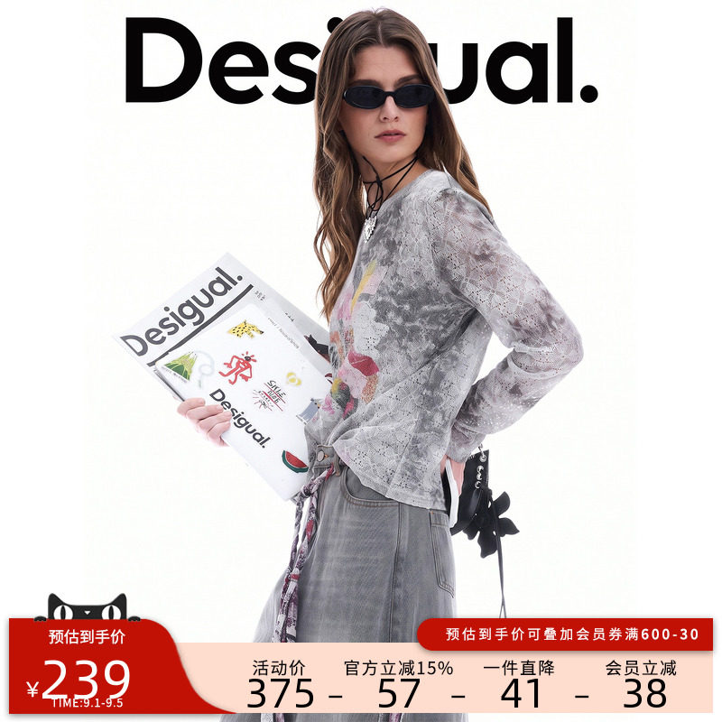 Desigual26秋冬新品蕾丝做旧晕染花卉印花长袖T恤图片