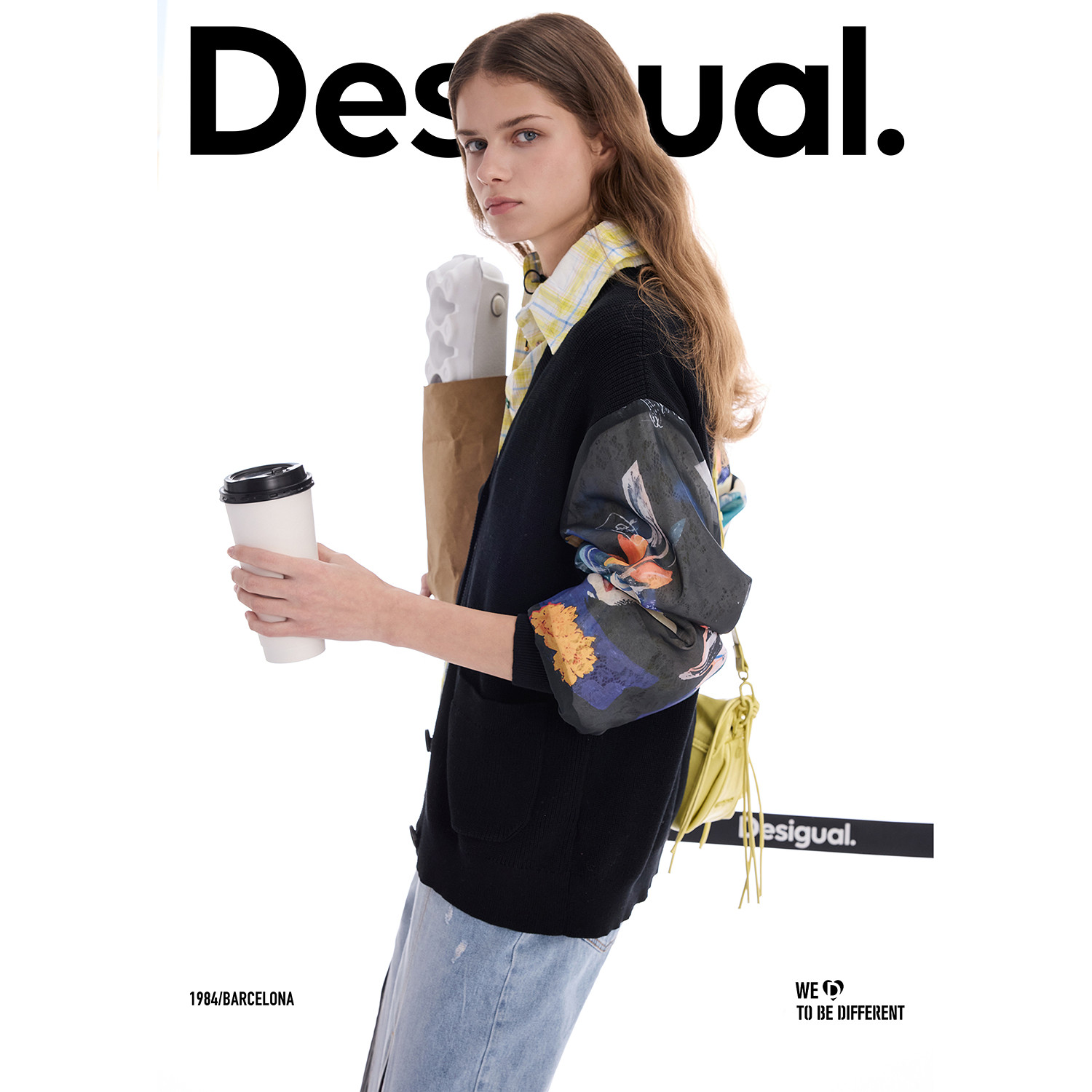 Desigual26春夏新品宽松针织拼接插画印花欧根纱开衫女式外套