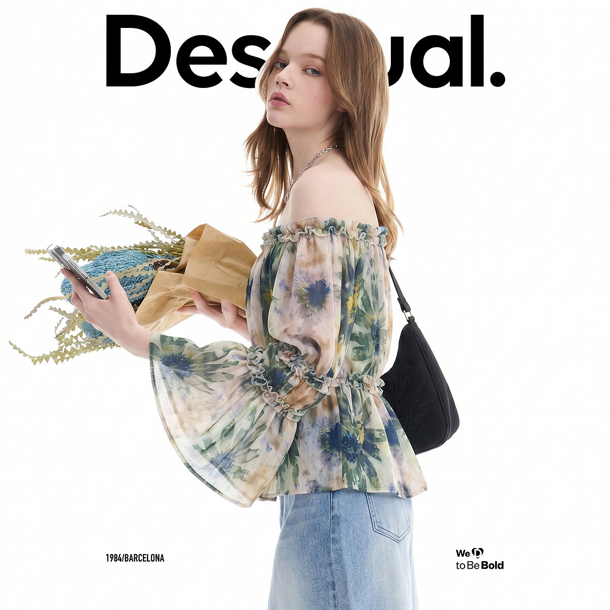 【呼呼专享】Desigual水墨晕染花卉印花一字领长袖女式上衣