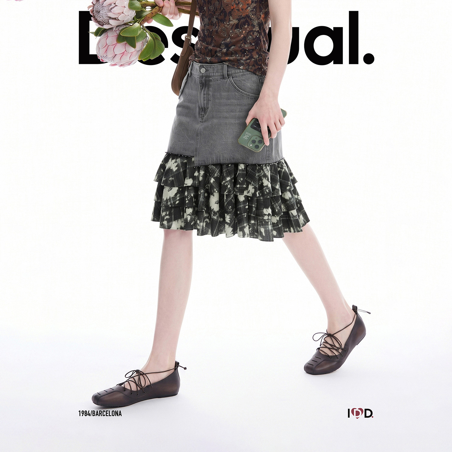 Desigual26秋冬新品多层格纹花卉印花毛边拼接短款牛仔半身裙