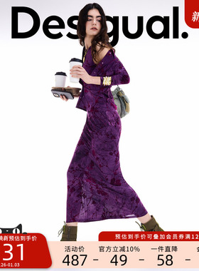 Desigual25秋冬新品复古植绒印花弹力修身无袖女式连衣裙