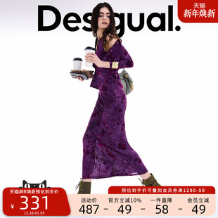 女式 无袖 连衣裙 复古植绒印花弹力修身 Desigual25秋冬新品