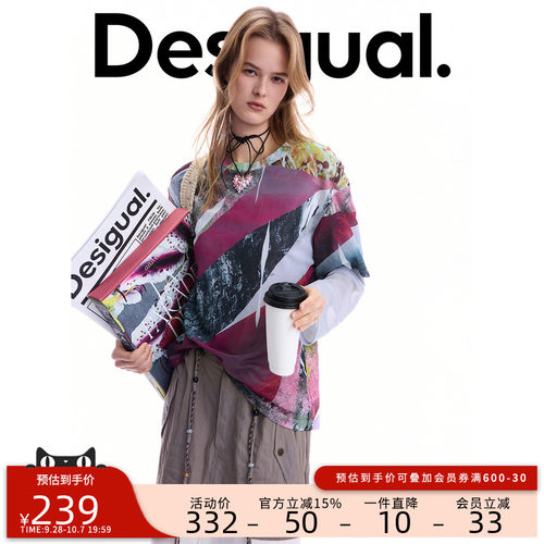Desigual26秋冬新品网纱手绘拼贴画印花假两件双层袖女式T恤