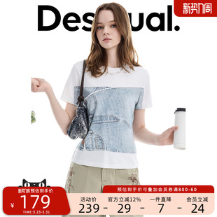 女式 仿牛仔印花短袖 T恤 修身 Desigual26春夏新品