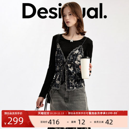 Desigual26秋冬新品弹力修身花卉印花蕾丝拼接吊带两件套女式T恤
