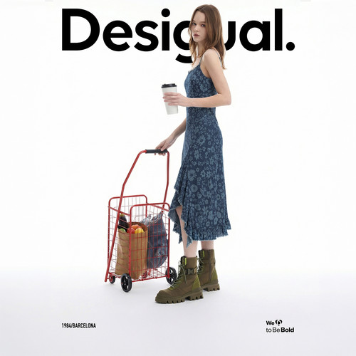 Desigual26【明星同款】春夏新品牛仔花卉印花毛边开衩吊带连衣裙