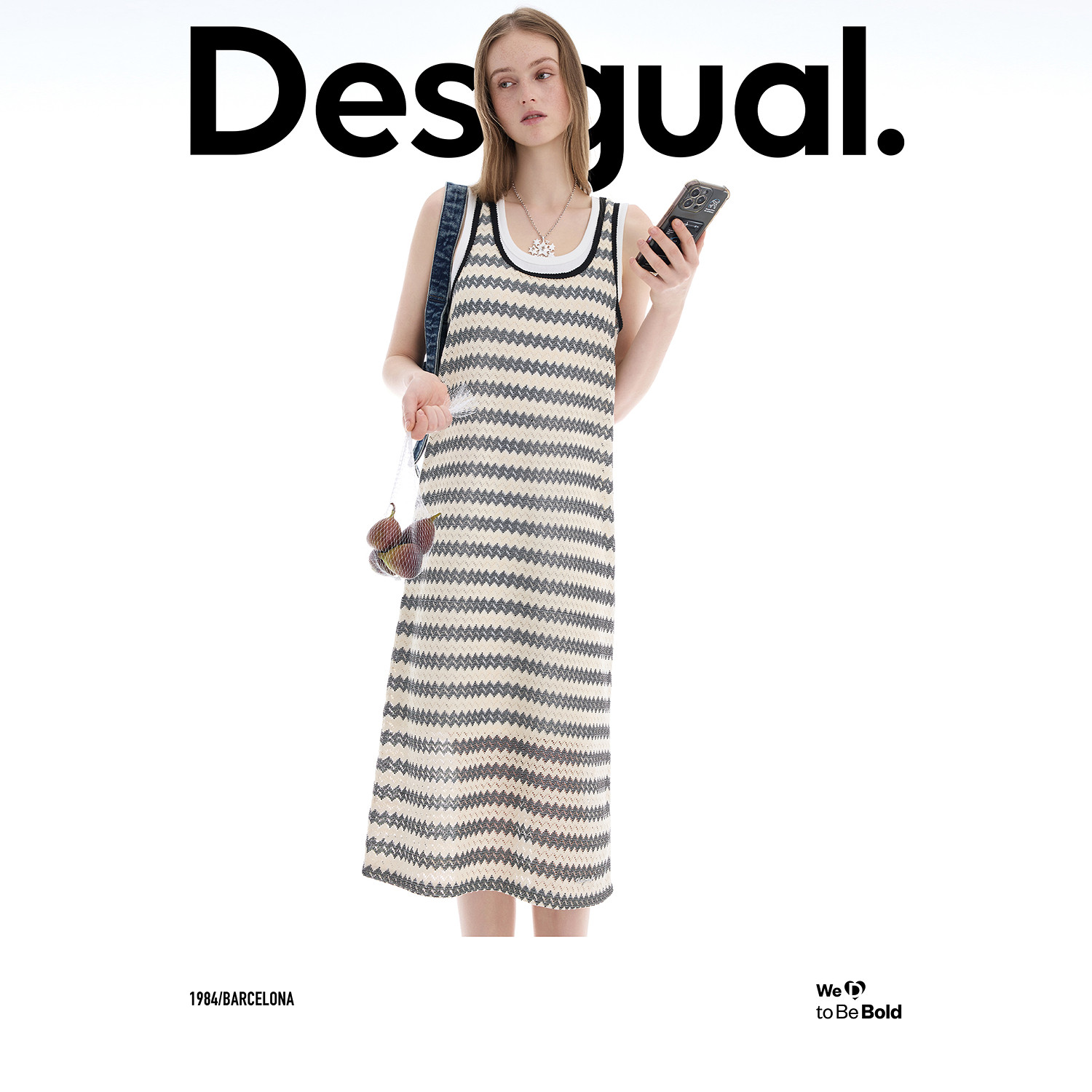Desigual26春夏新品直筒黑白条纹拼接背心两件套连衣裙