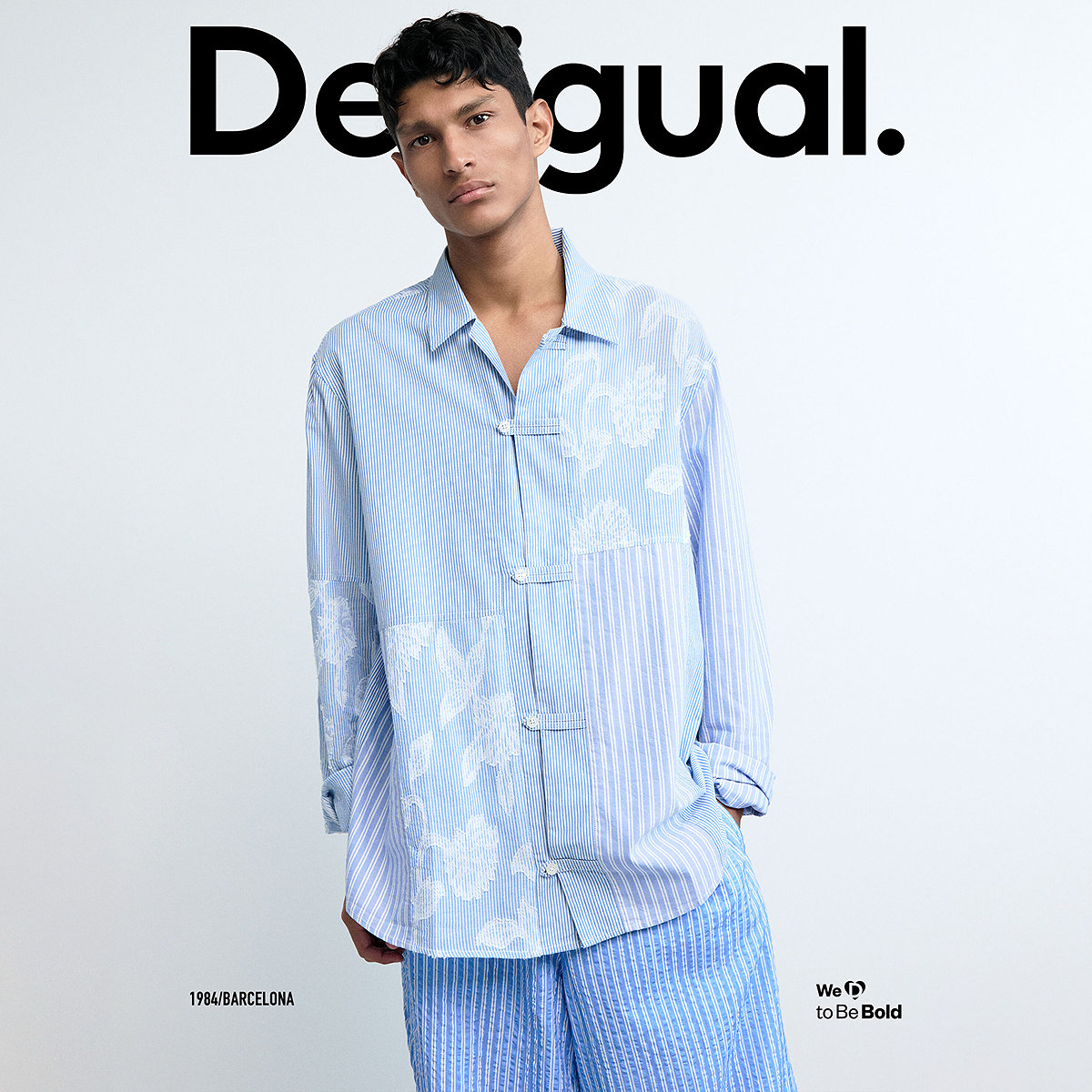 Desigual26春夏新品宽松条纹拼接剪花翻领长袖男式衬衫