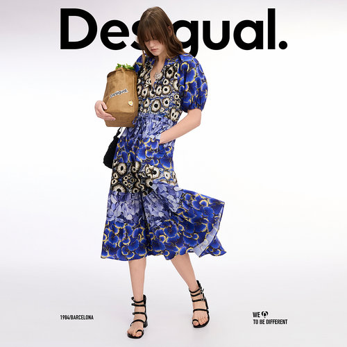 Desigual【Lacroix联名】印花V领收腰抽绳长款连衣裙