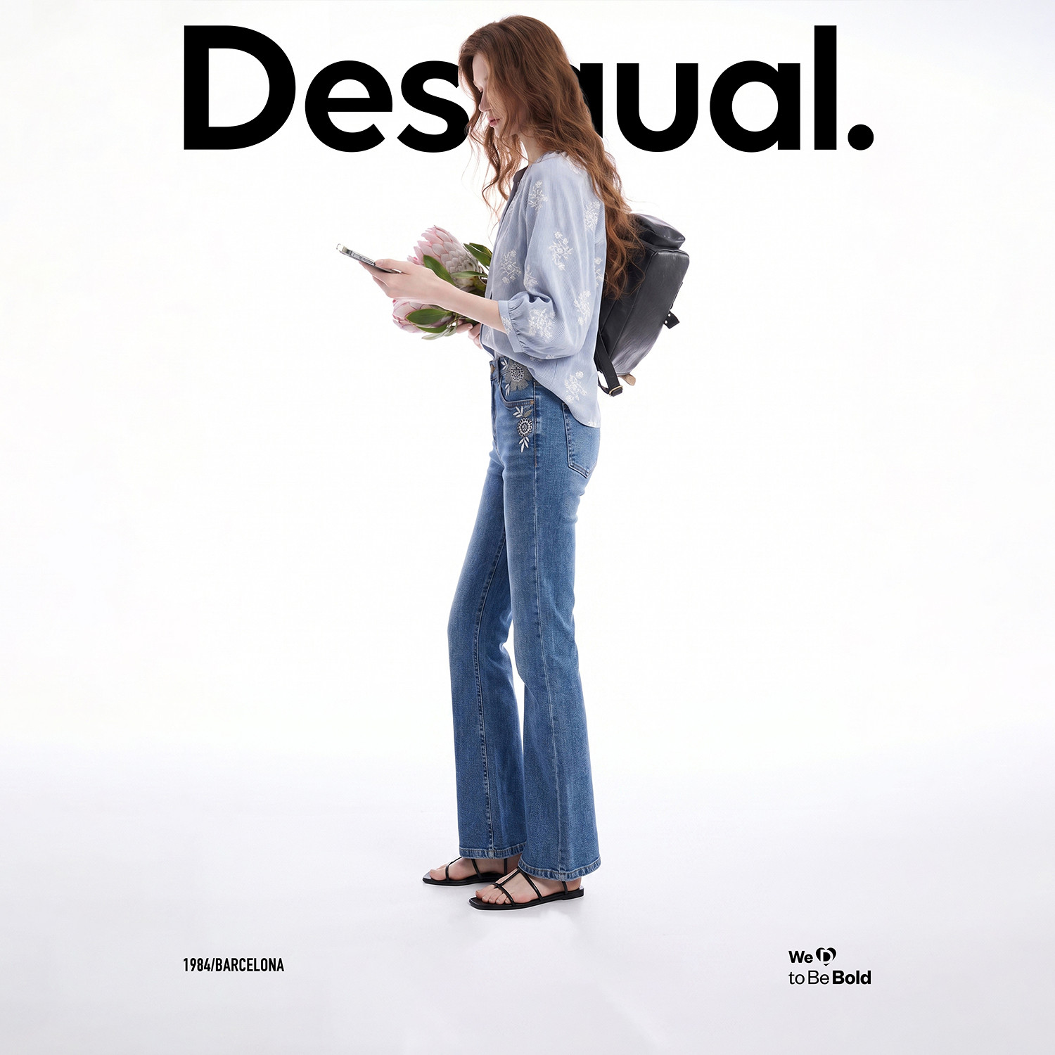 Desigual宽松条纹绣花V领泡泡袖女式衬衫