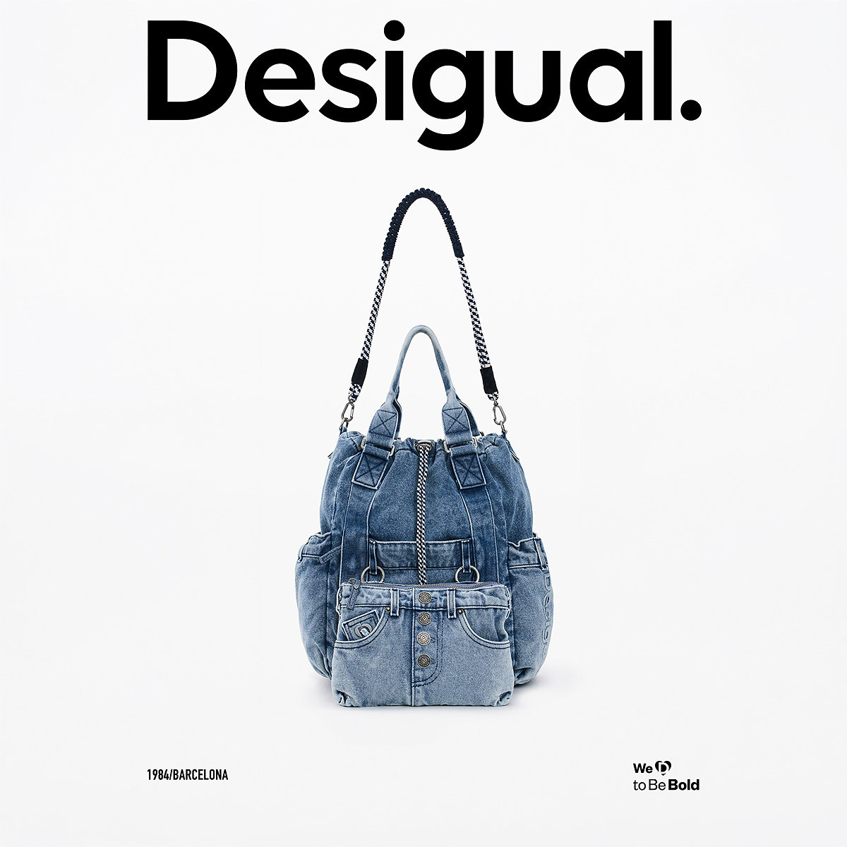 Desigual26秋冬蓝色水洗牛仔解构可拆卸小包抽绳设计双肩包手提包