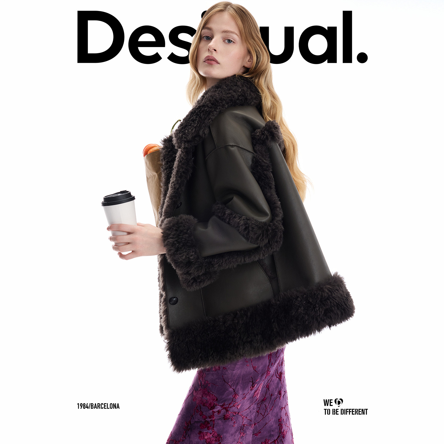 Desigual25秋冬新品宽松仿皮草拼接翻领长袖皮衣女式外套,女装/女士精品,短外套,淘宝优惠券,粉丝福利购,淘宝优惠卷