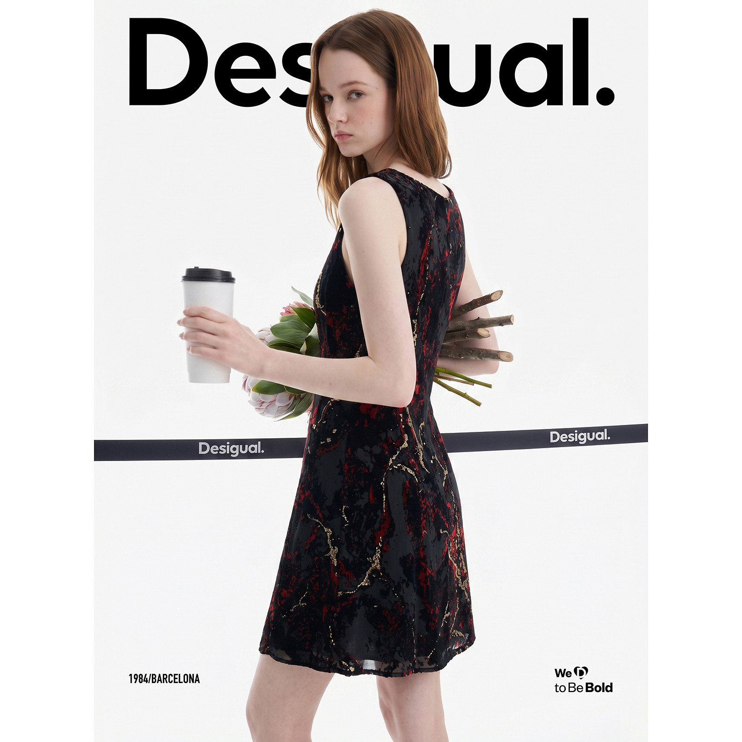 Desigual26春夏新品修身丝绒烧花抽象印花无袖方领女式背心连衣裙