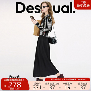 连衣裙 长袖 Desigual25秋冬新品 彩色手绘印花黑白条纹拼接圆领长款