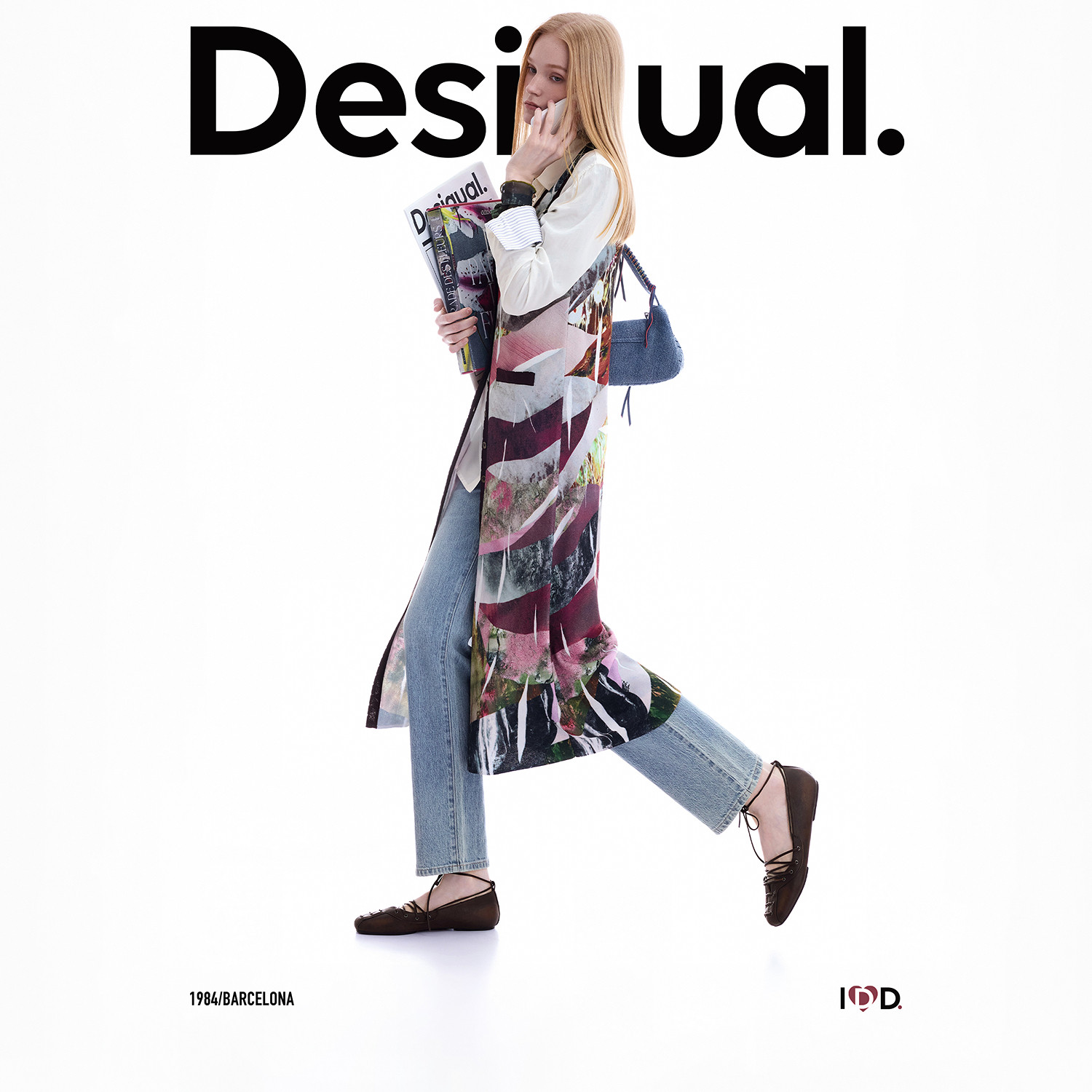 Desigual26秋冬新品手绘拼贴画印花无袖针织纽扣开襟中长款连衣裙