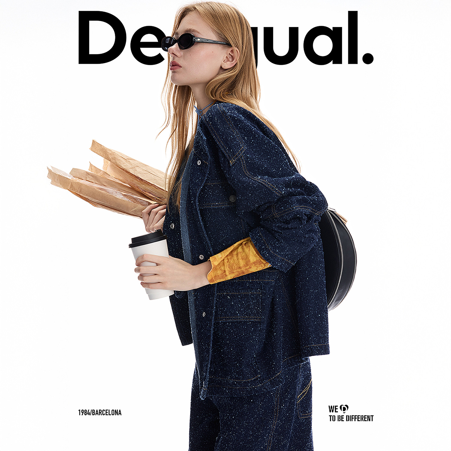 Desigual蓝色牛仔提花磨破口袋装饰休闲女式牛仔外套