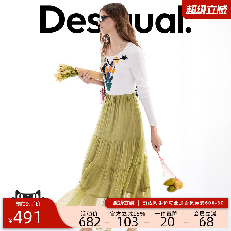 Desigual26春夏新品插画印花撞色盘带绣拼接长袖连衣裙